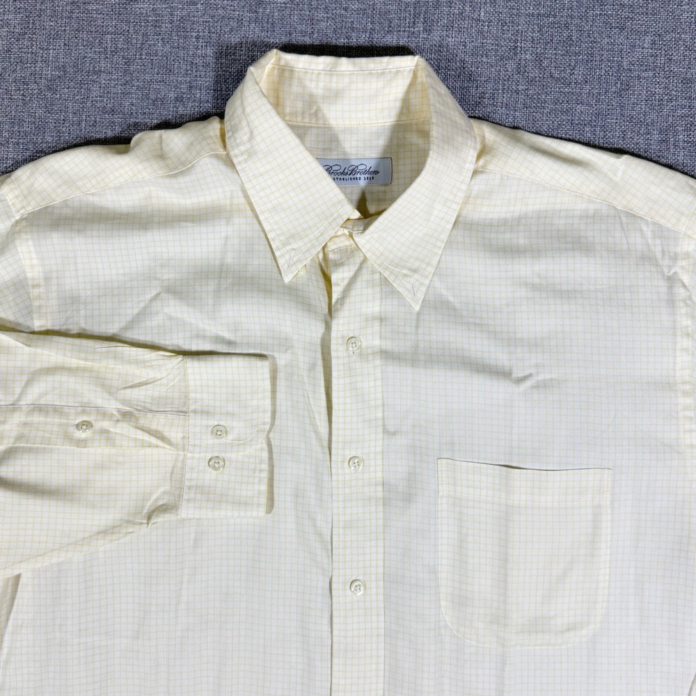 Brooks Brothers Button Down Shirt Mens 17 34/35 Yellow Check Cotton Dress Office